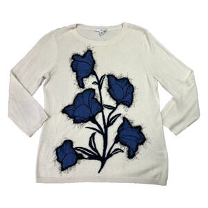 Lewit Sweater Womens Small Ivory Blue Floral Wool And Silk Blend Pullover